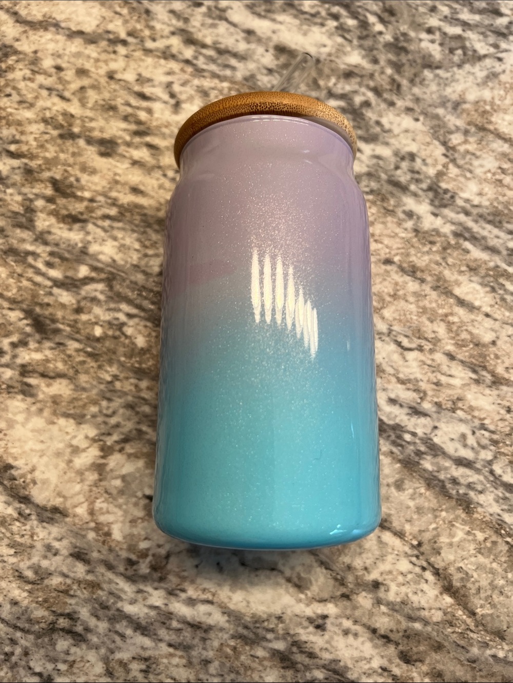 🇺🇸$5🇺🇸 Iridescent Purple to Aqua Ombre Glass Tumbler with Bamboo Lid GUC